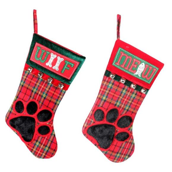 Woof and Meow Plaid Paw Print Family Pets Christmas Holiday Stockings Set of 2 - Picture 1 of 4